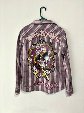 Don Ed Hardy Shirt Men's M Plaid Skull Graphic Born to Win Embroidered Vintage